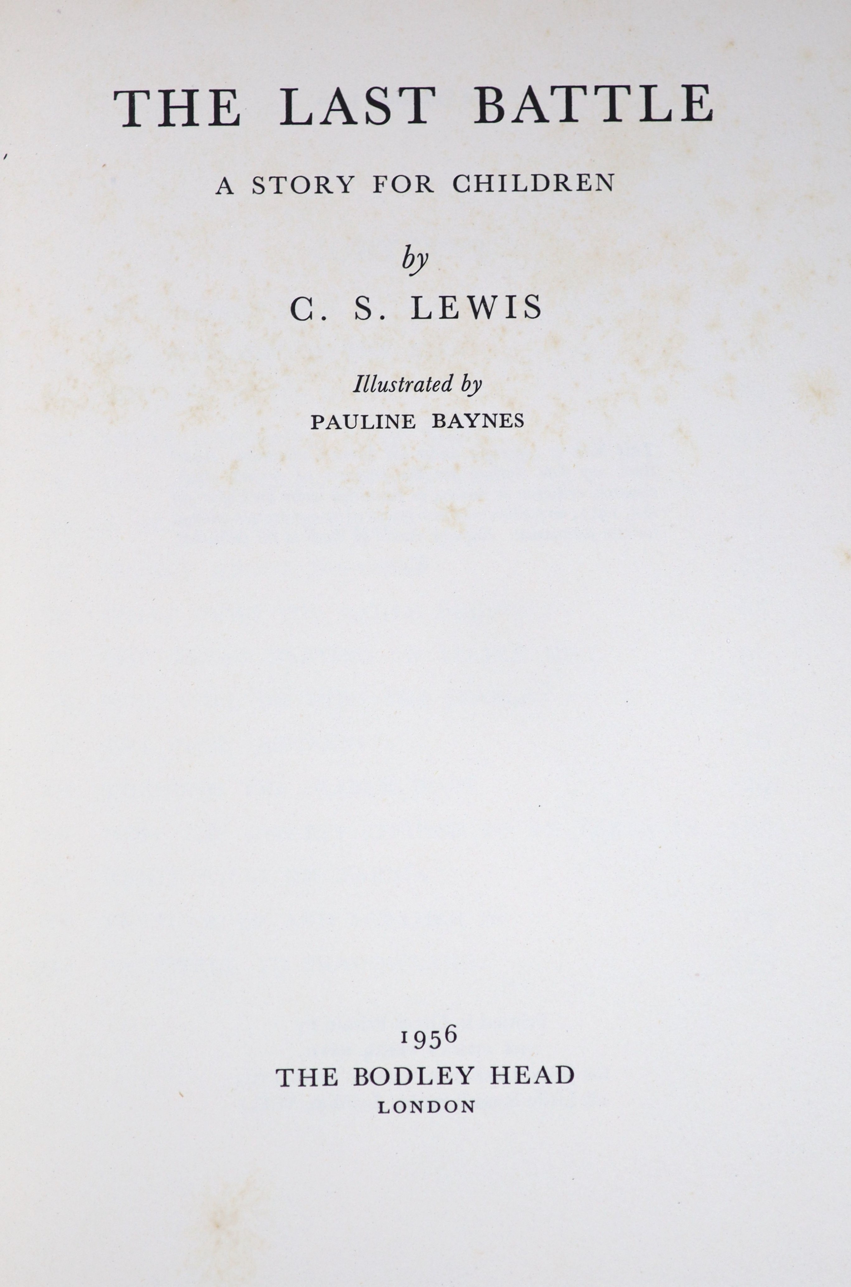 Lewis, Clive Staples - The Last Battle, 1st edition, 8vo, illustrated by Pauline Baynes, original cloth, in unclipped d/j, The Bodley Head, London, 1956